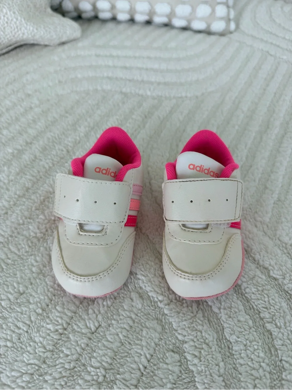 ADIDAS White Sneakers with Pink & Light Pink Stripes- BABY- size 3/6 M